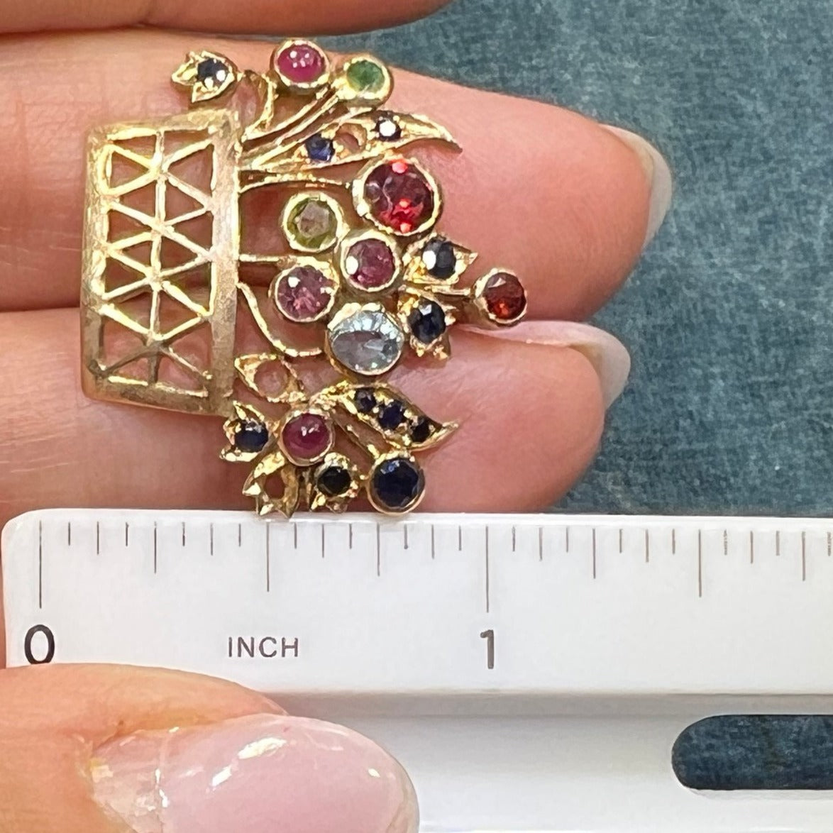 14k Gold Multi-Gem Flower Garden Basket Pendant! Sapphire Ruby Peridot Garnet