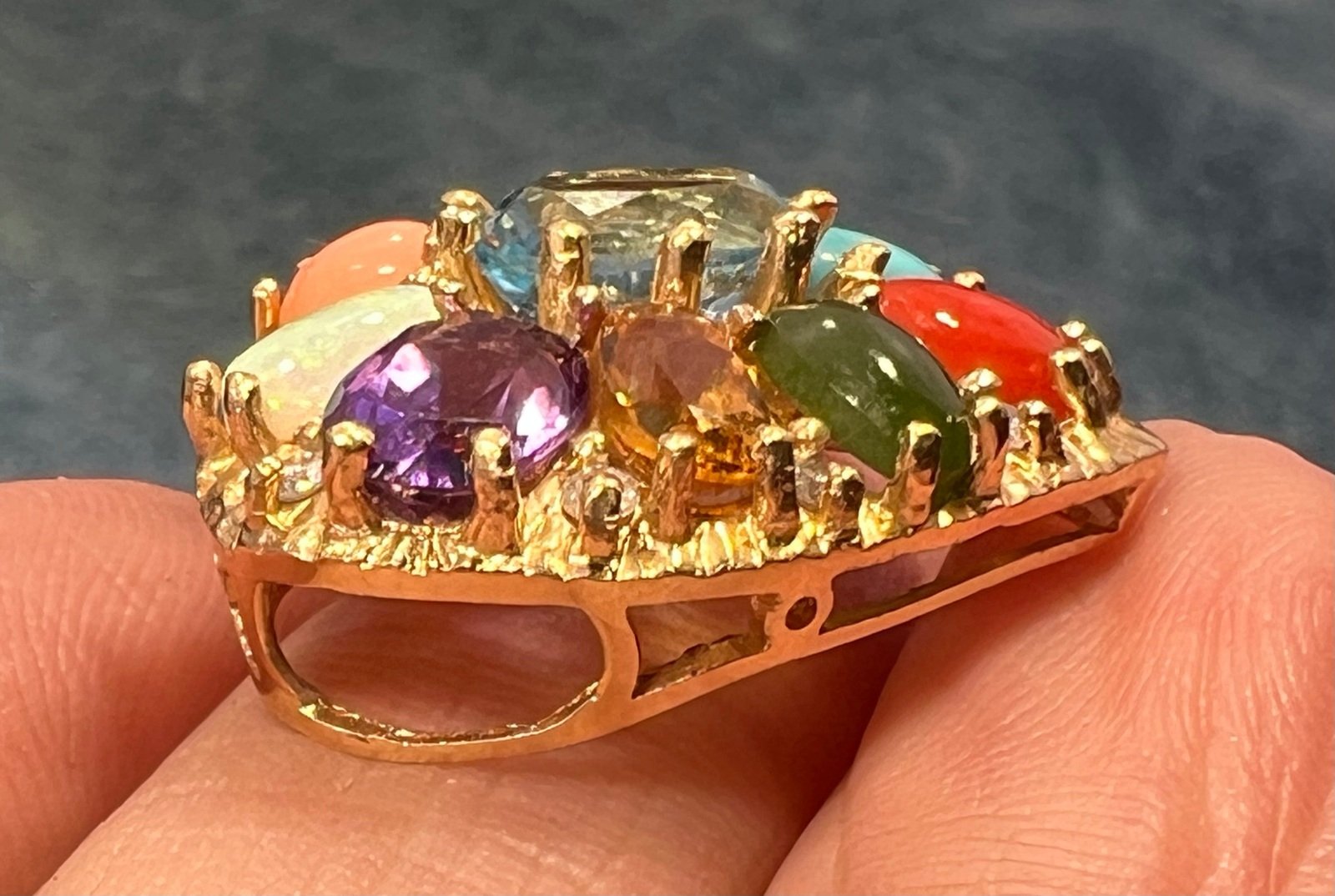 14k Gold Multi-Gem Heart Pendant. Diamond Opal Topaz Turquoise *Video*