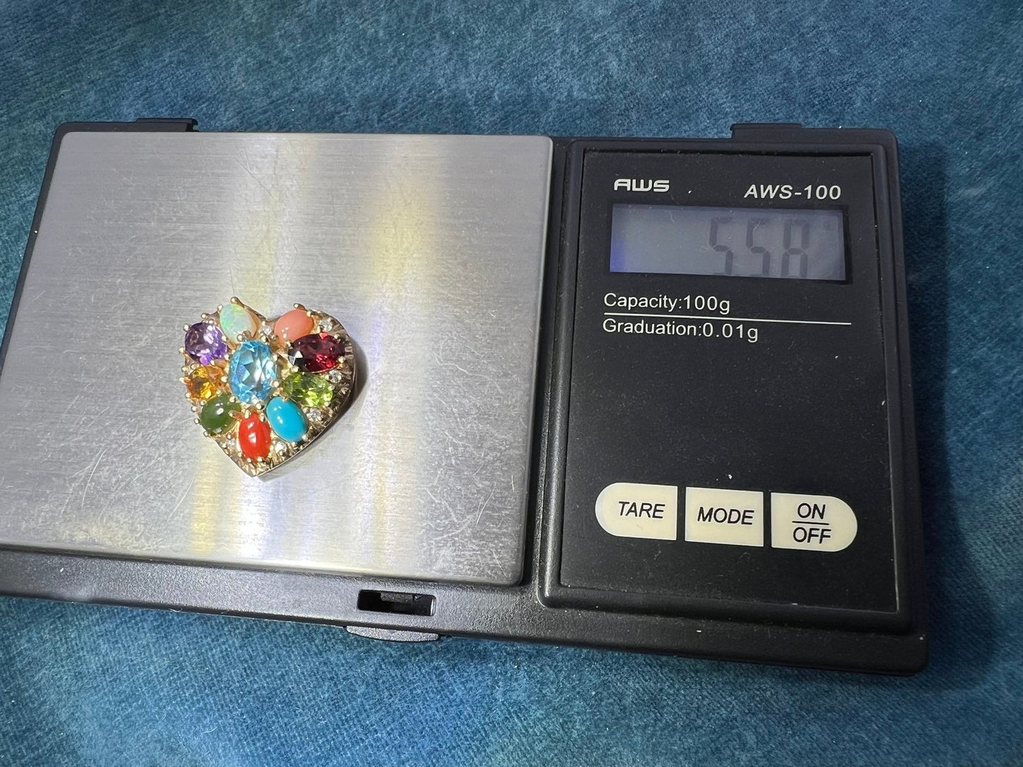 14k Gold Multi-Gem Heart Pendant. Diamond Opal Topaz Turquoise *Video*