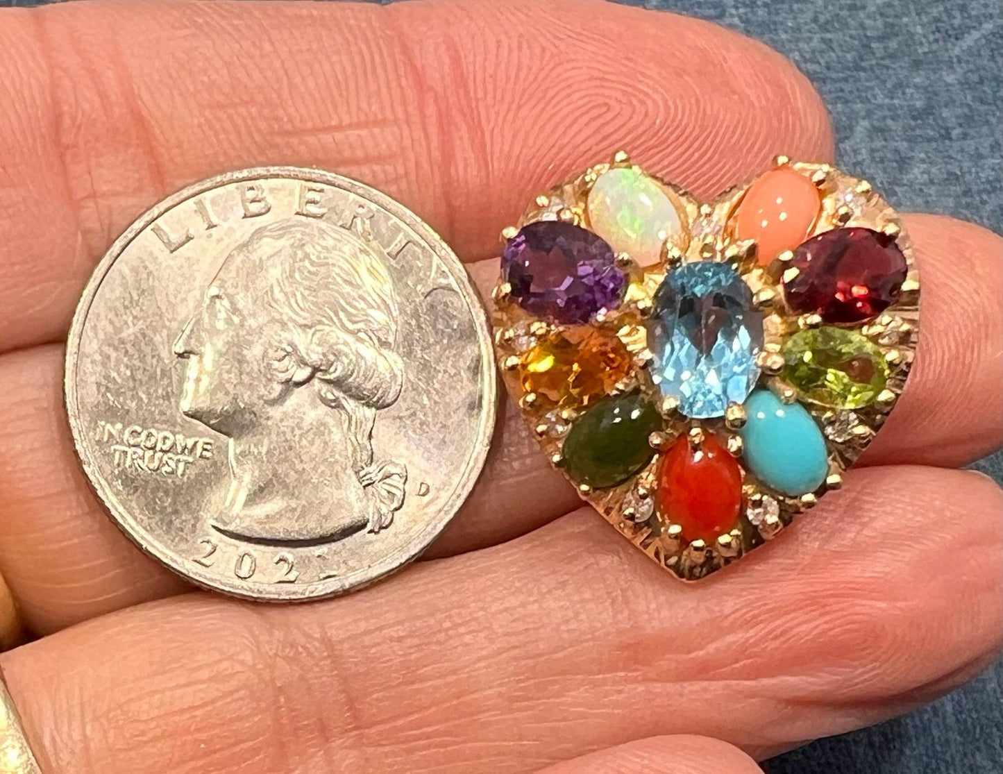 14k Gold Multi-Gem Heart Pendant. Diamond Opal Topaz Turquoise *Video*