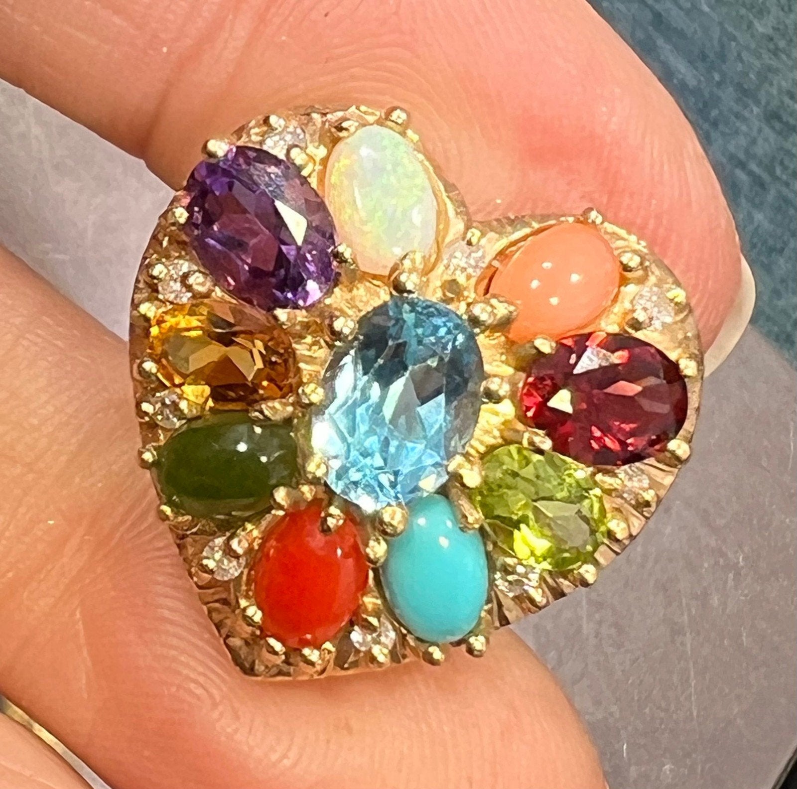 14k Gold Multi-Gem Heart Pendant. Diamond Opal Topaz Turquoise *Video*