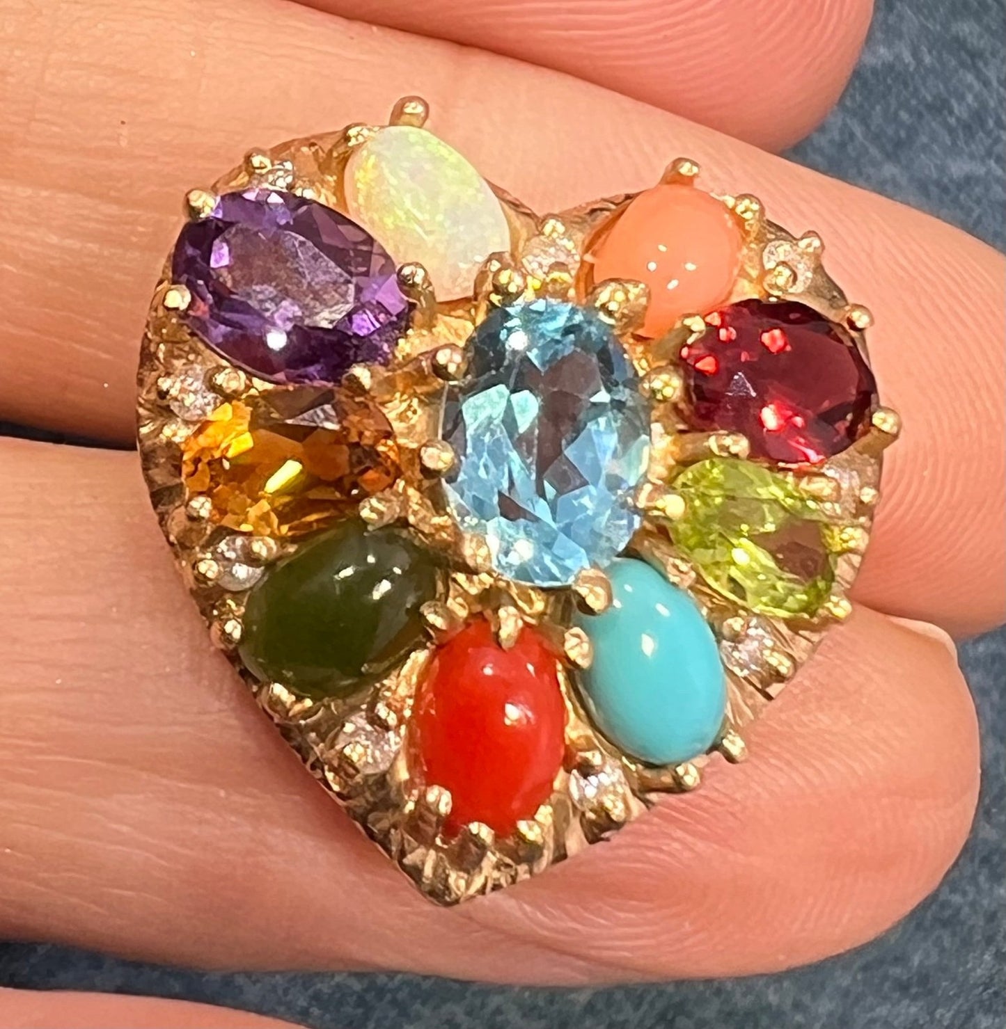 14k Gold Multi-Gem Heart Pendant. Diamond Opal Topaz Turquoise *Video*