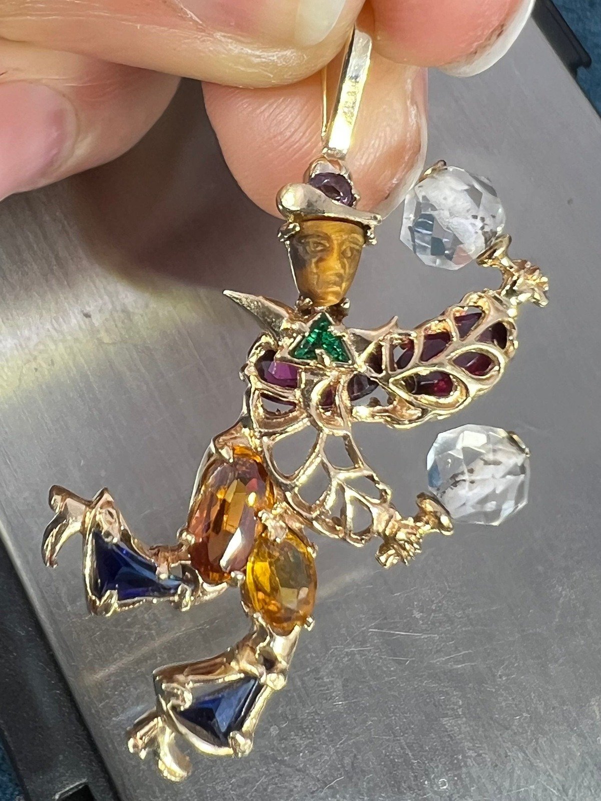 14k Gold Multi-Gem Rio Carnival Dancer Pendant. "Man in Moon" Face *Video*