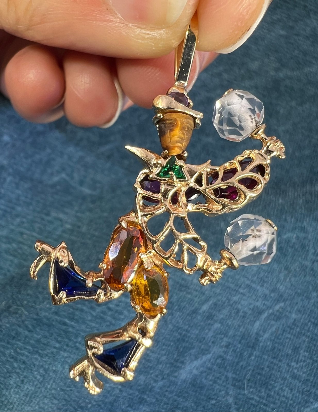 14k Gold Multi-Gem Rio Carnival Dancer Pendant. "Man in Moon" Face *Video*