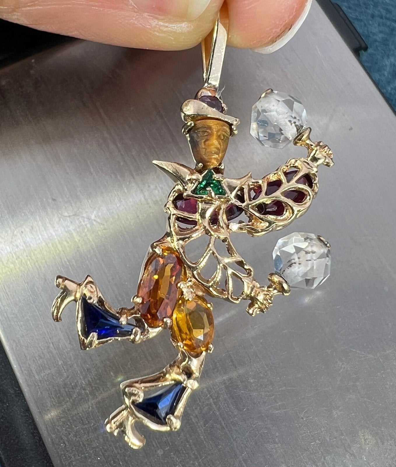 14k Gold Multi-Gem Rio Carnival Dancer Pendant. "Man in Moon" Face *Video*