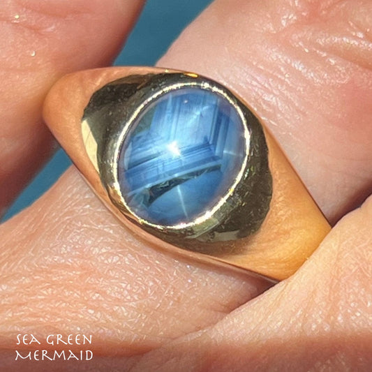 14k Gold Natural Blue Star Sapphire Signet Ring. 7g *Video*