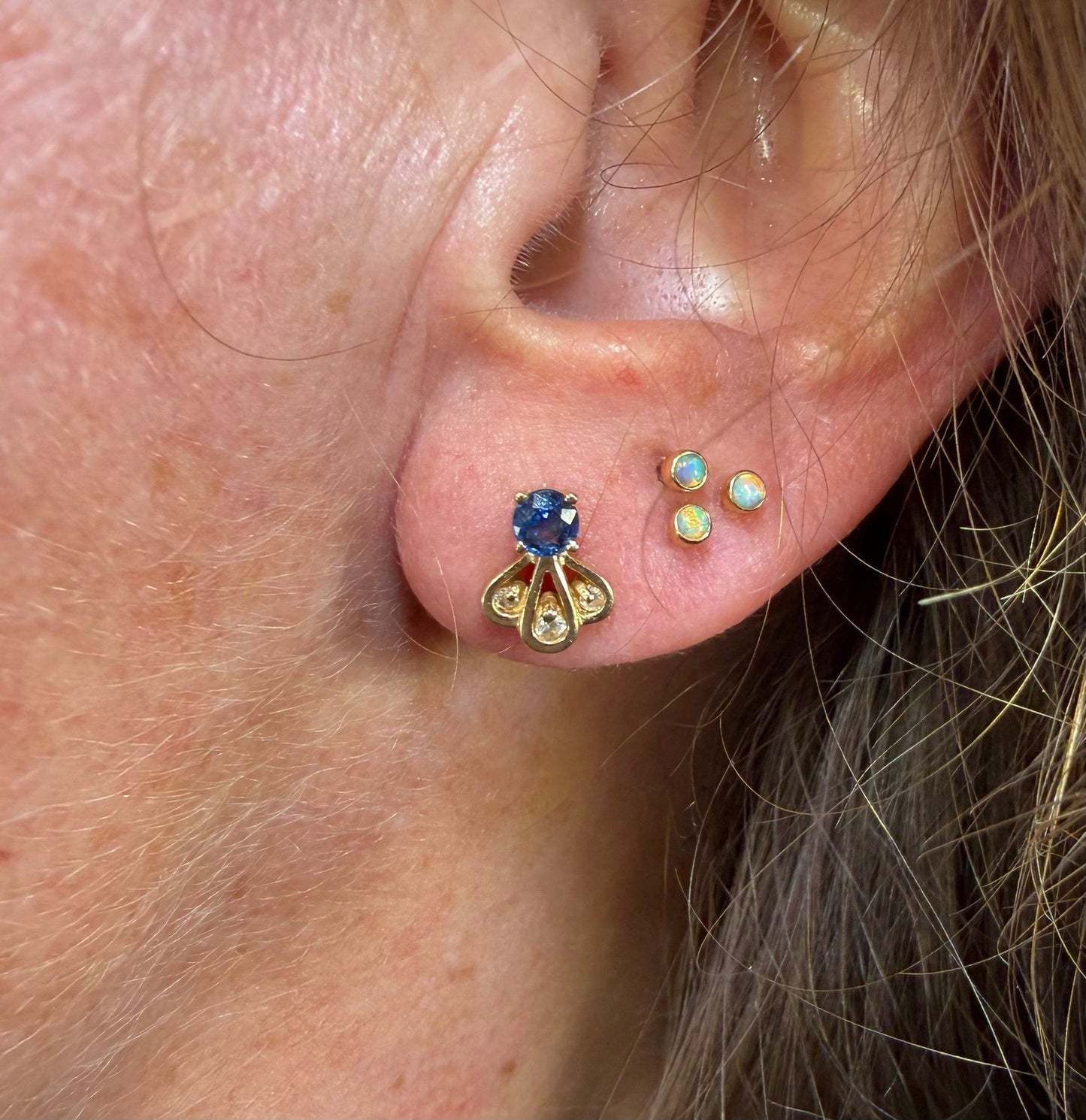 14k Gold Natural Ceylon Blue Sapphire & Diamond Earrings. Art Deco