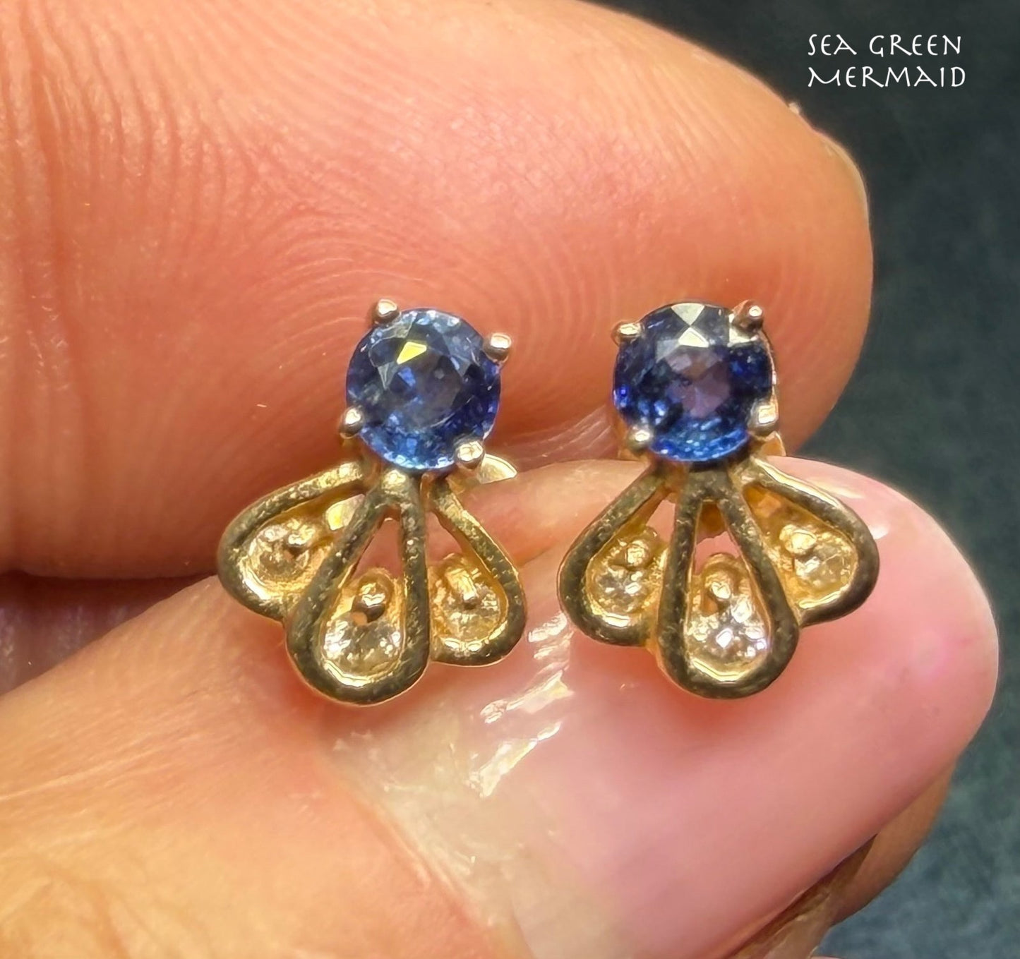 14k Gold Natural Ceylon Blue Sapphire & Diamond Earrings. Art Deco