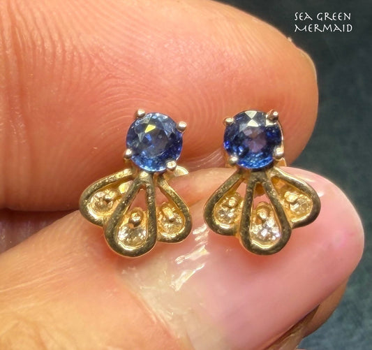 14k Gold Natural Ceylon Blue Sapphire & Diamond Earrings. Art Deco
