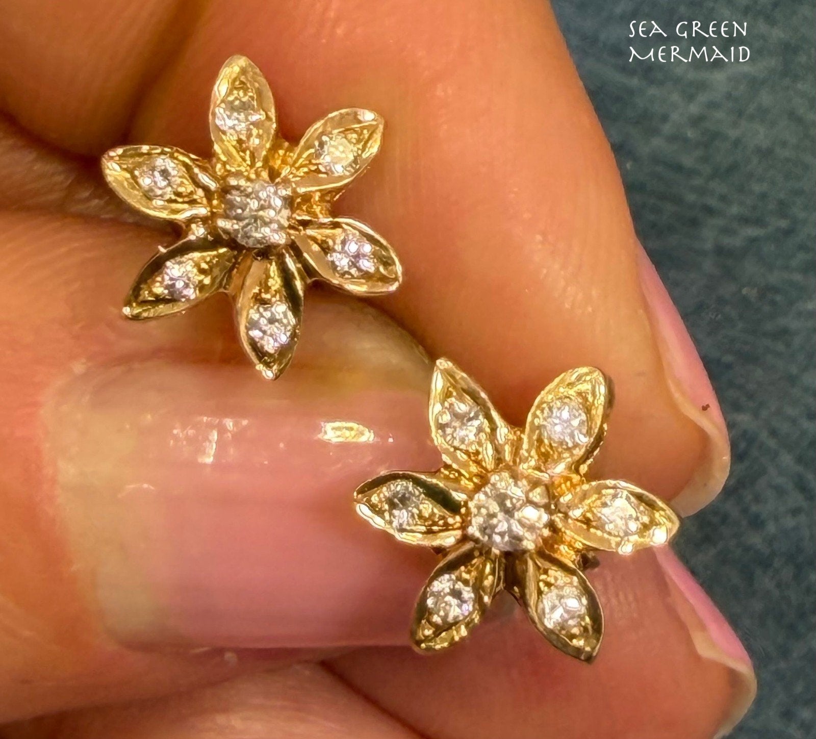14k Gold Natural Diamond Daisy Sunflower Earrings *Video*