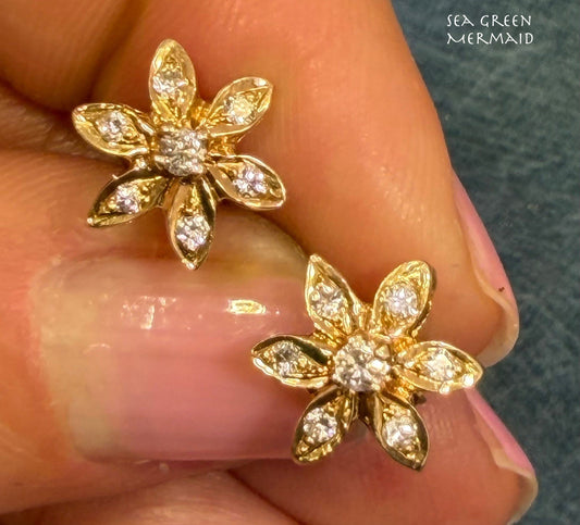 14k Gold Natural Diamond Daisy Sunflower Earrings *Video*
