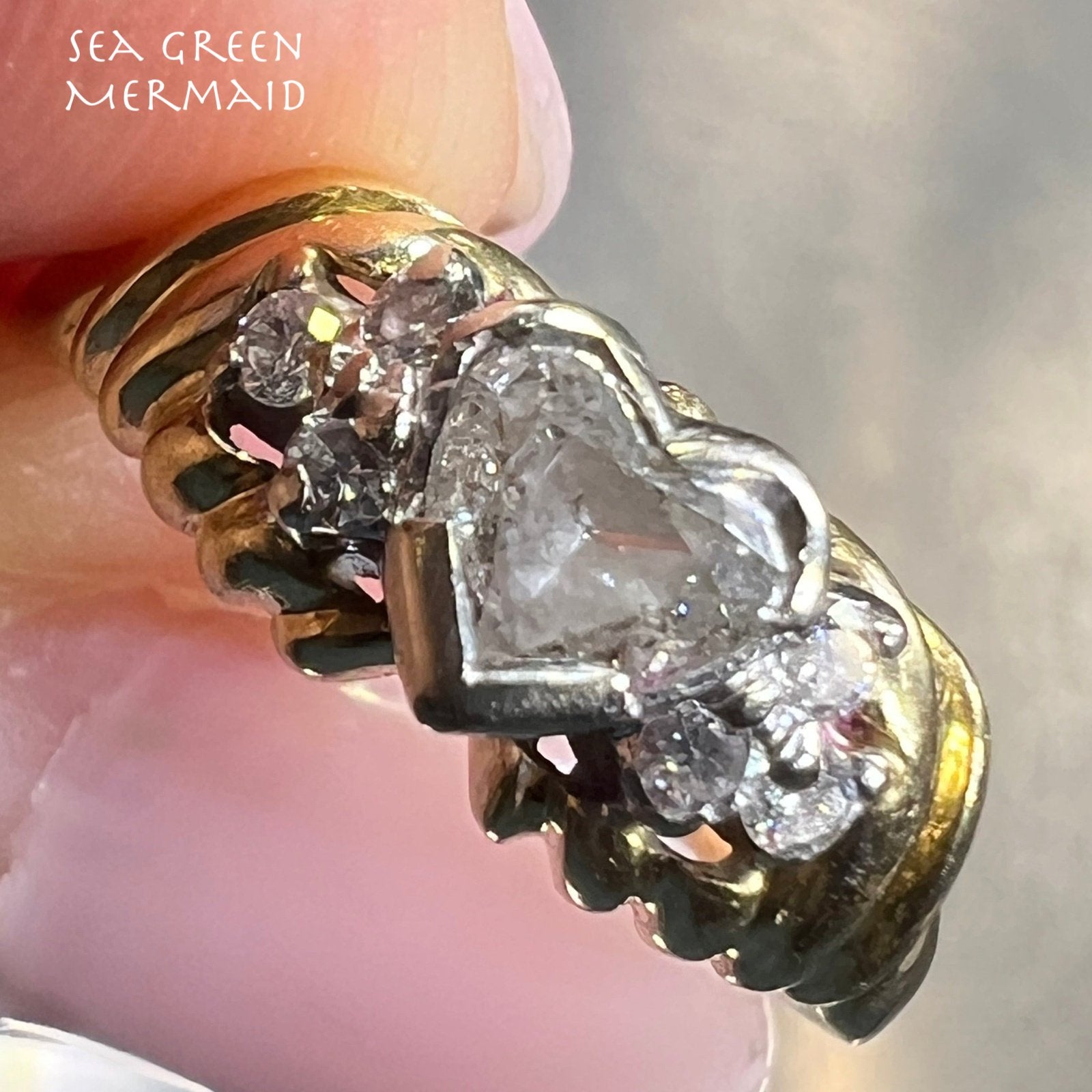 14k Gold Natural Diamond Heart Ring. Bezel-Set