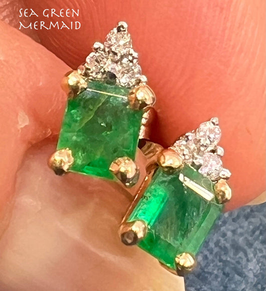 14k Gold Natural Emerald-Cut Emerald & Diamond Earrings *Video*