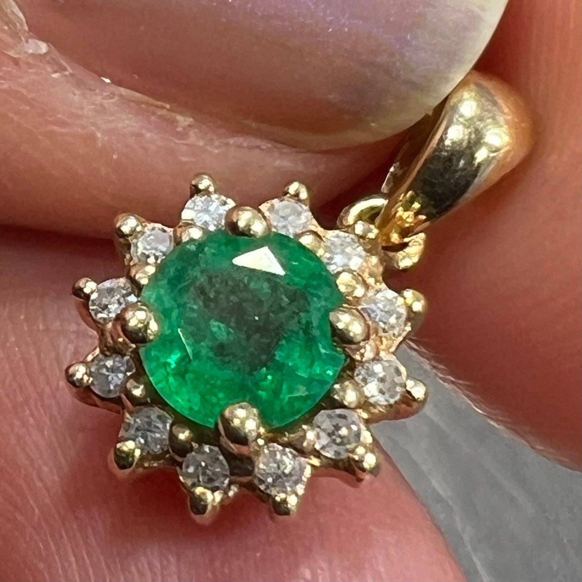 14k Gold Natural Emerald & Diamond Halo Pendant. 1/2" *Video*