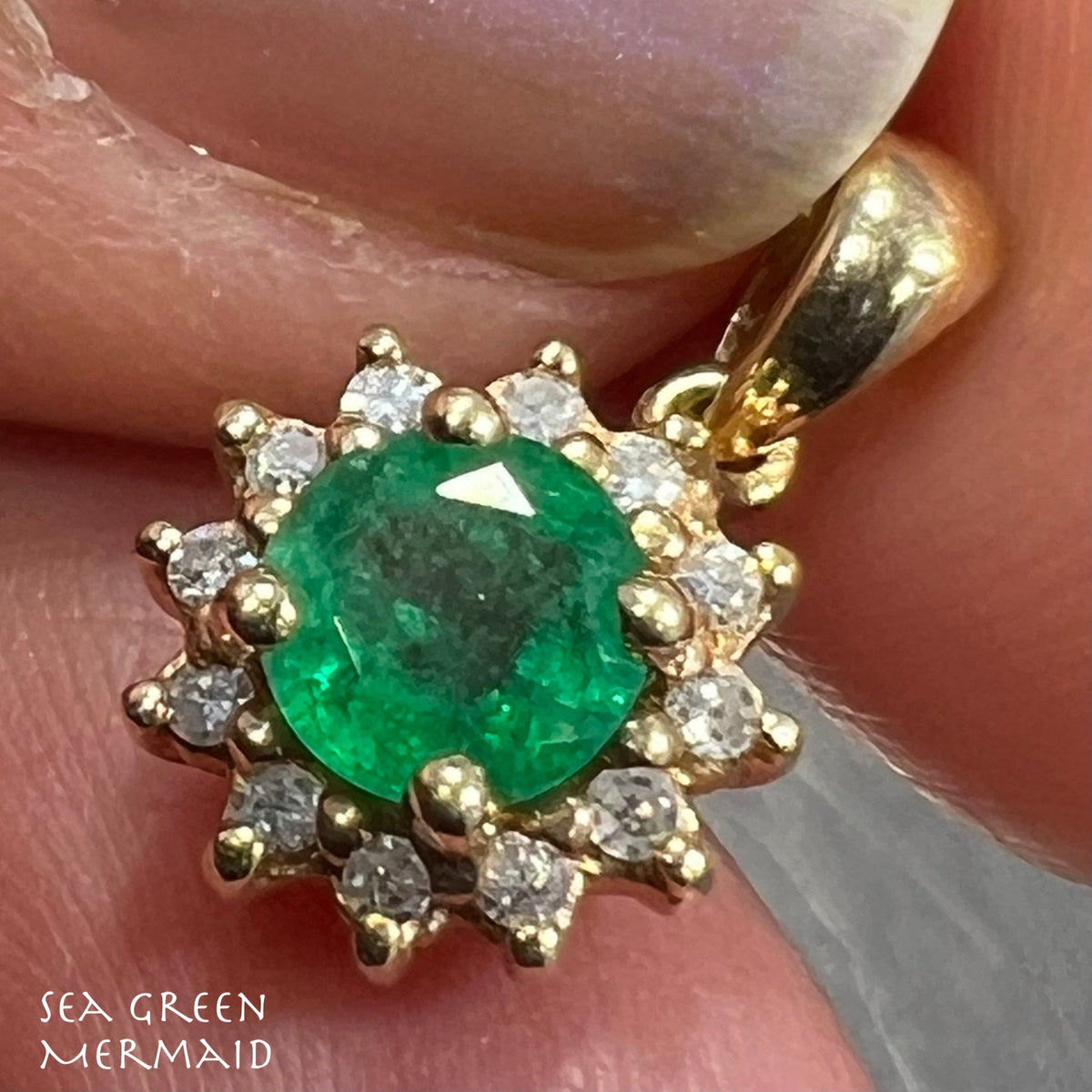 14k Gold Natural Emerald & Diamond Halo Pendant. 1/2" *Video*