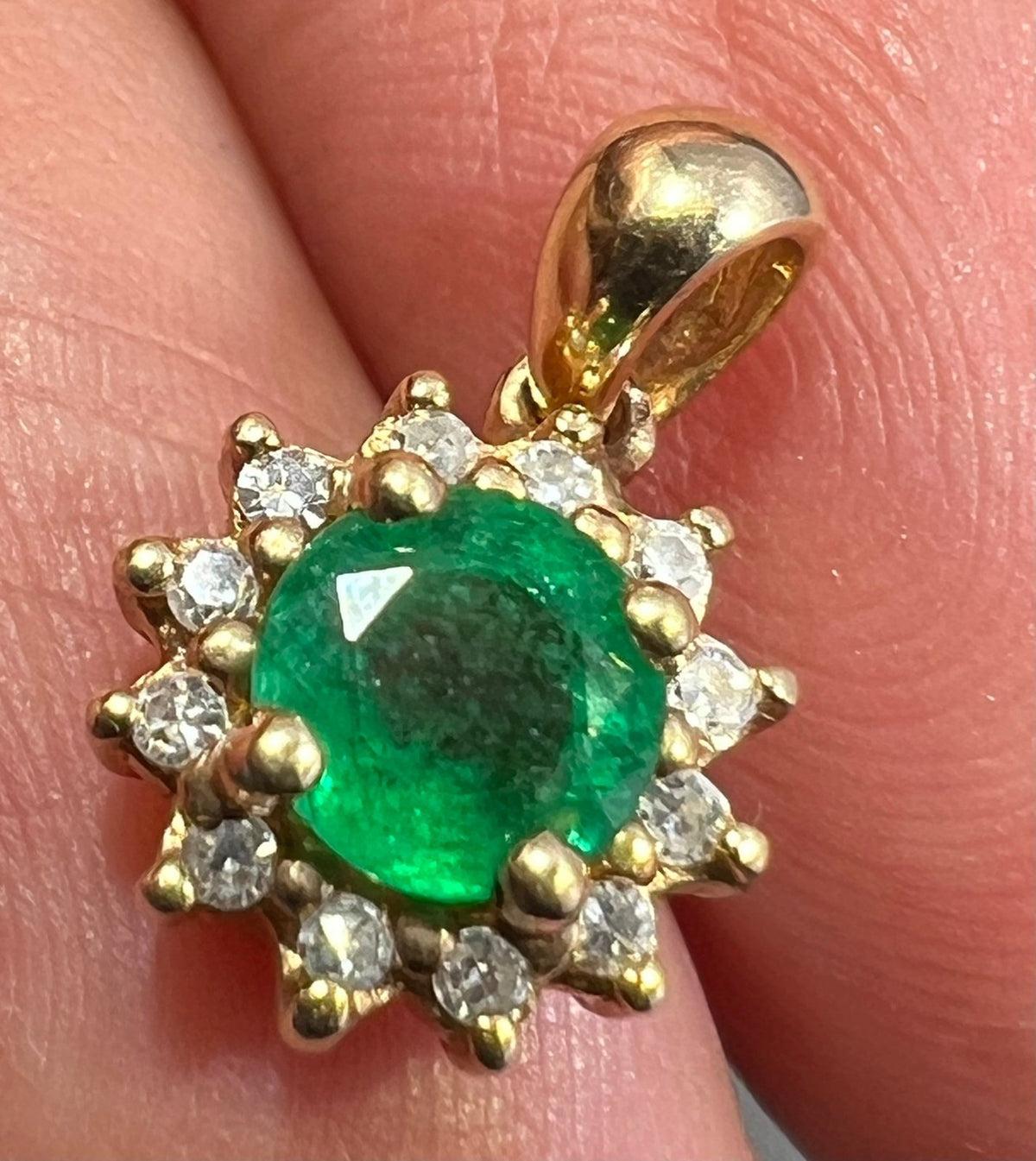 14k Gold Natural Emerald & Diamond Halo Pendant. 1/2" *Video*