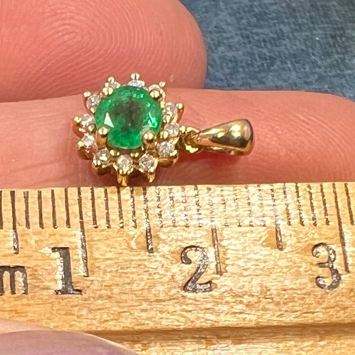 14k Gold Natural Emerald & Diamond Halo Pendant. 1/2" *Video*