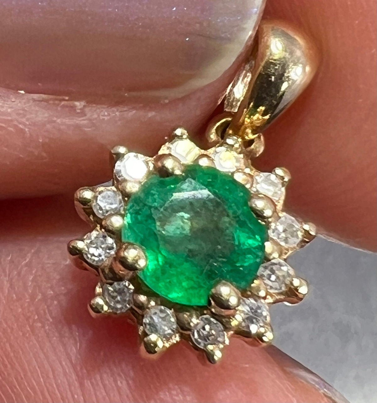 14k Gold Natural Emerald & Diamond Halo Pendant. 1/2" *Video*
