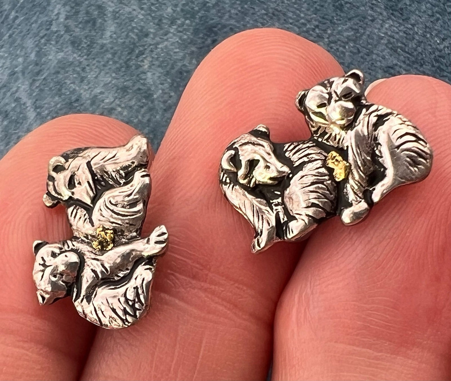 14k Gold Nugget + 925 Baby Polar Bear Cub Brother/Sister Earrings. Alaska