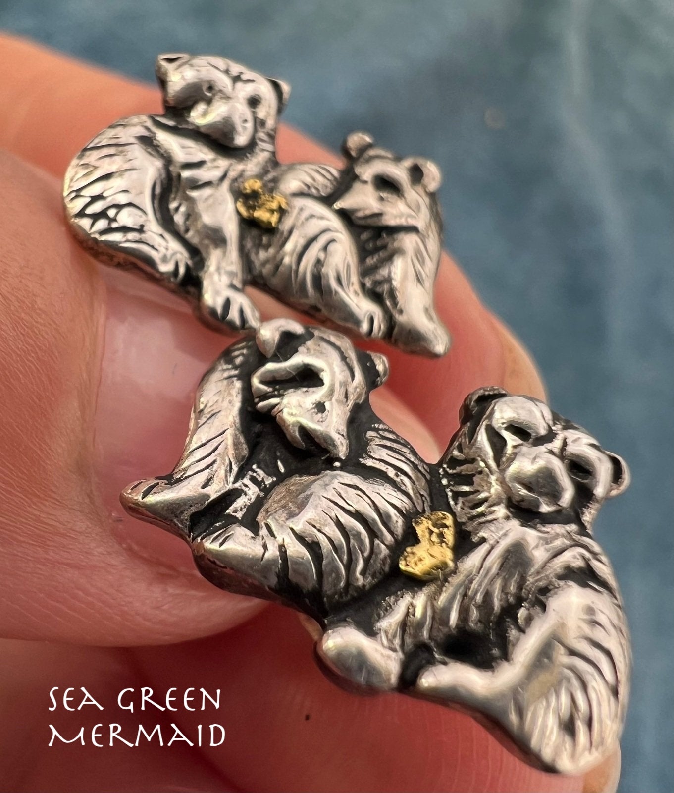 14k Gold Nugget + 925 Baby Polar Bear Cub Brother/Sister Earrings. Alaska