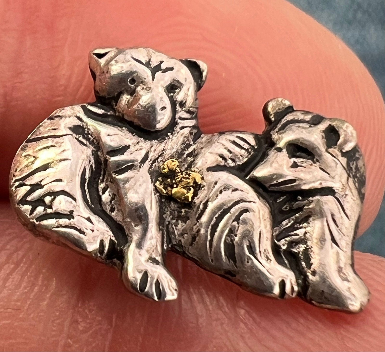 14k Gold Nugget + 925 Baby Polar Bear Cub Brother/Sister Earrings. Alaska