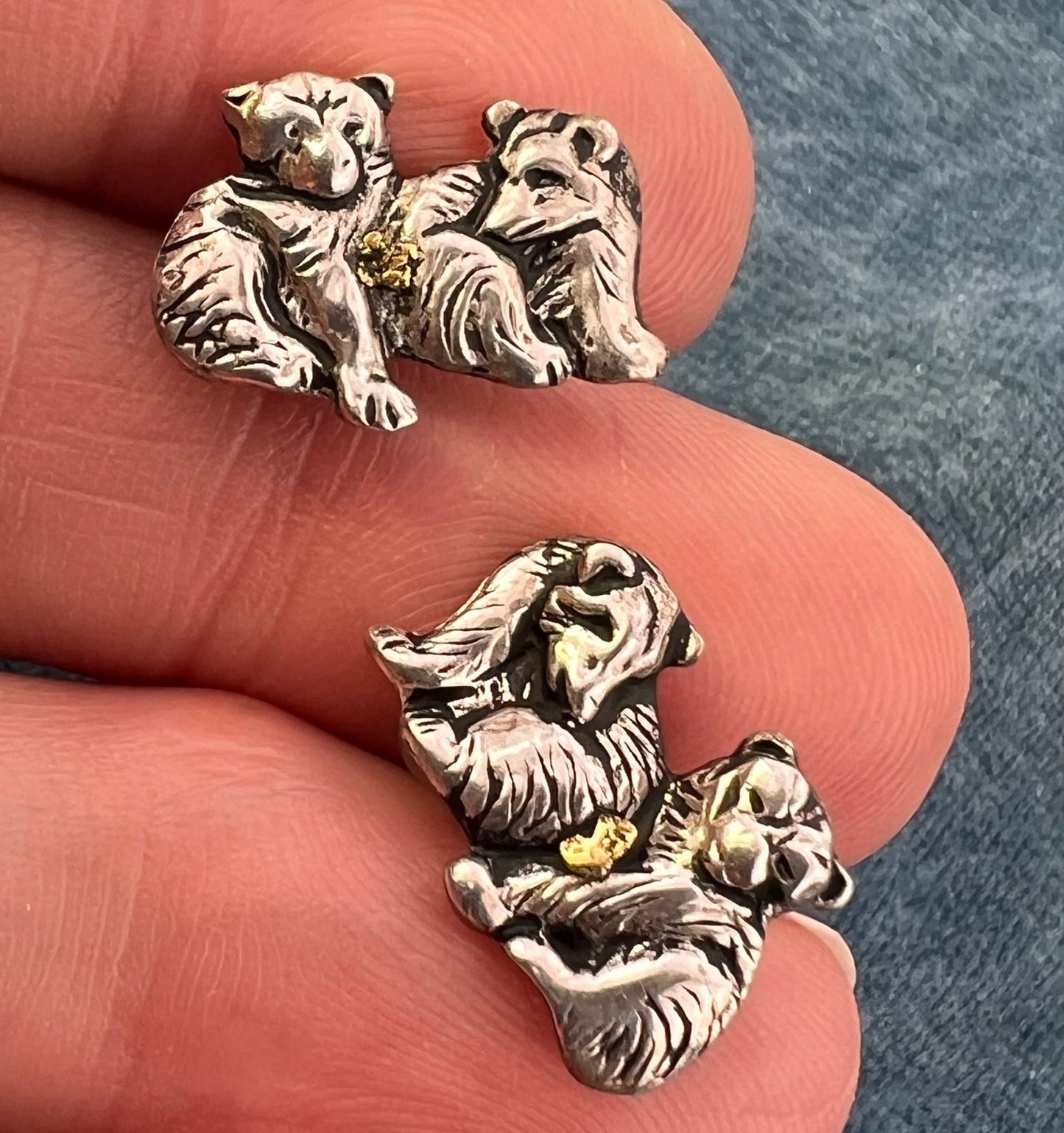 14k Gold Nugget + 925 Baby Polar Bear Cub Brother/Sister Earrings. Alaska