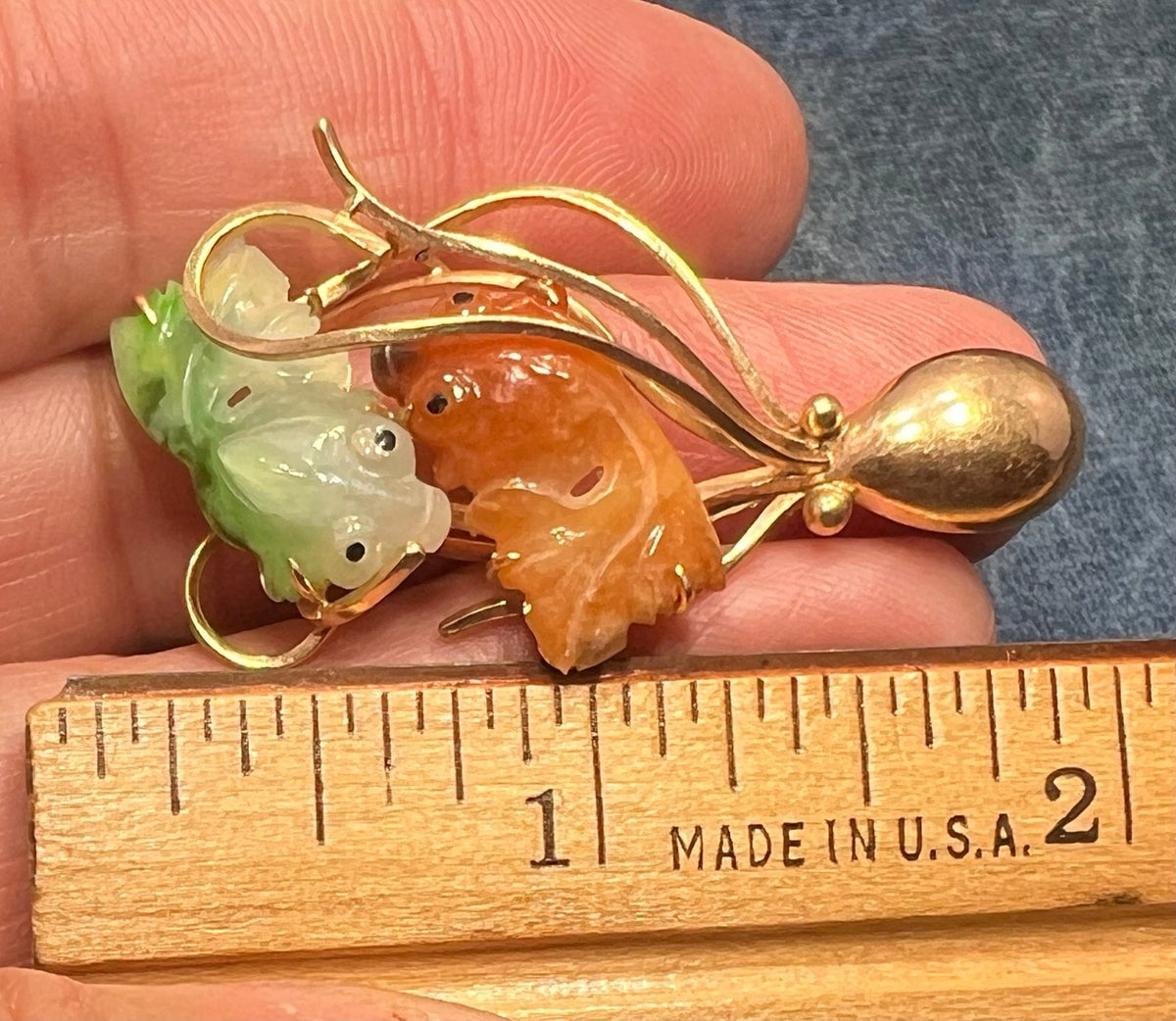 14k Gold OCTOPUS with Carved Jade KOI Fish Pendant. 2"