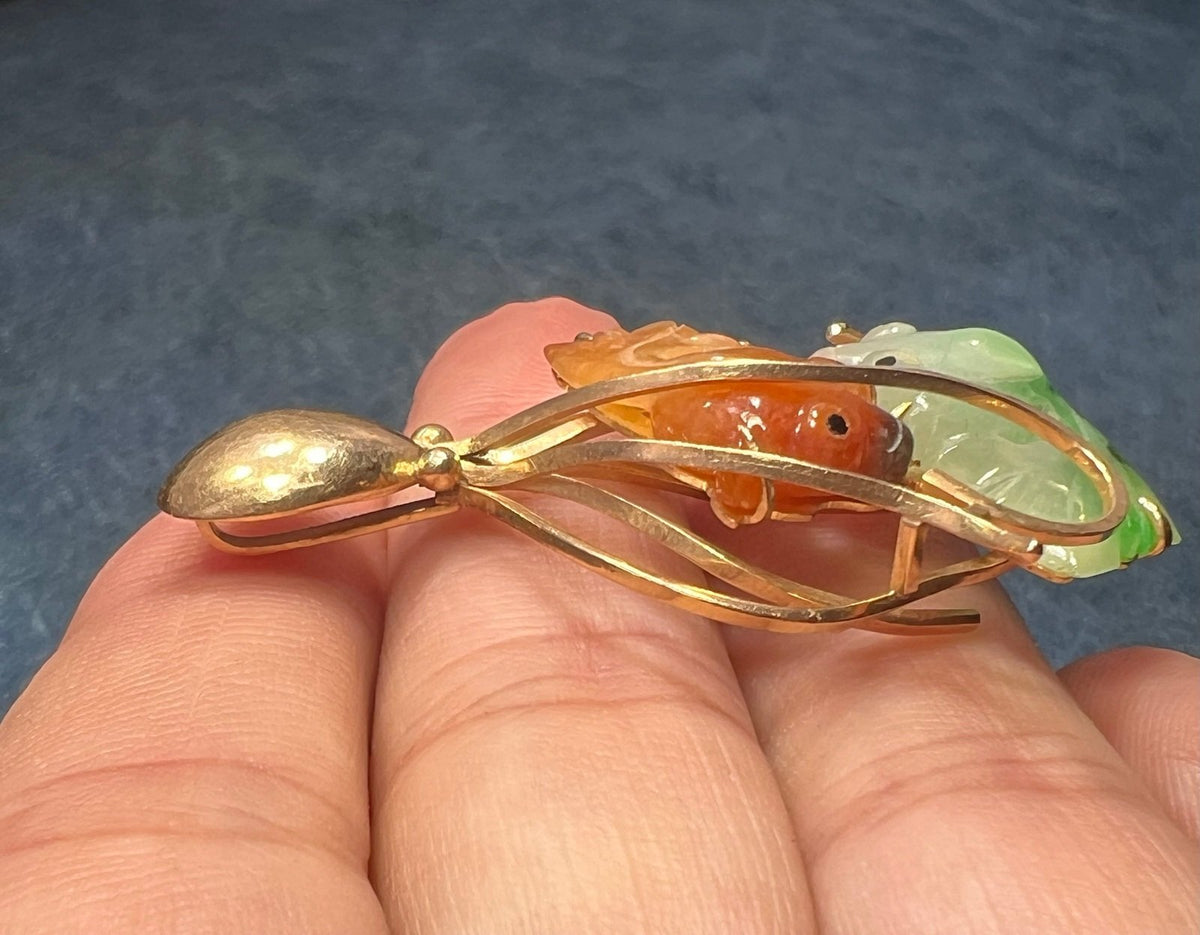 14k Gold OCTOPUS with Carved Jade KOI Fish Pendant. 2"