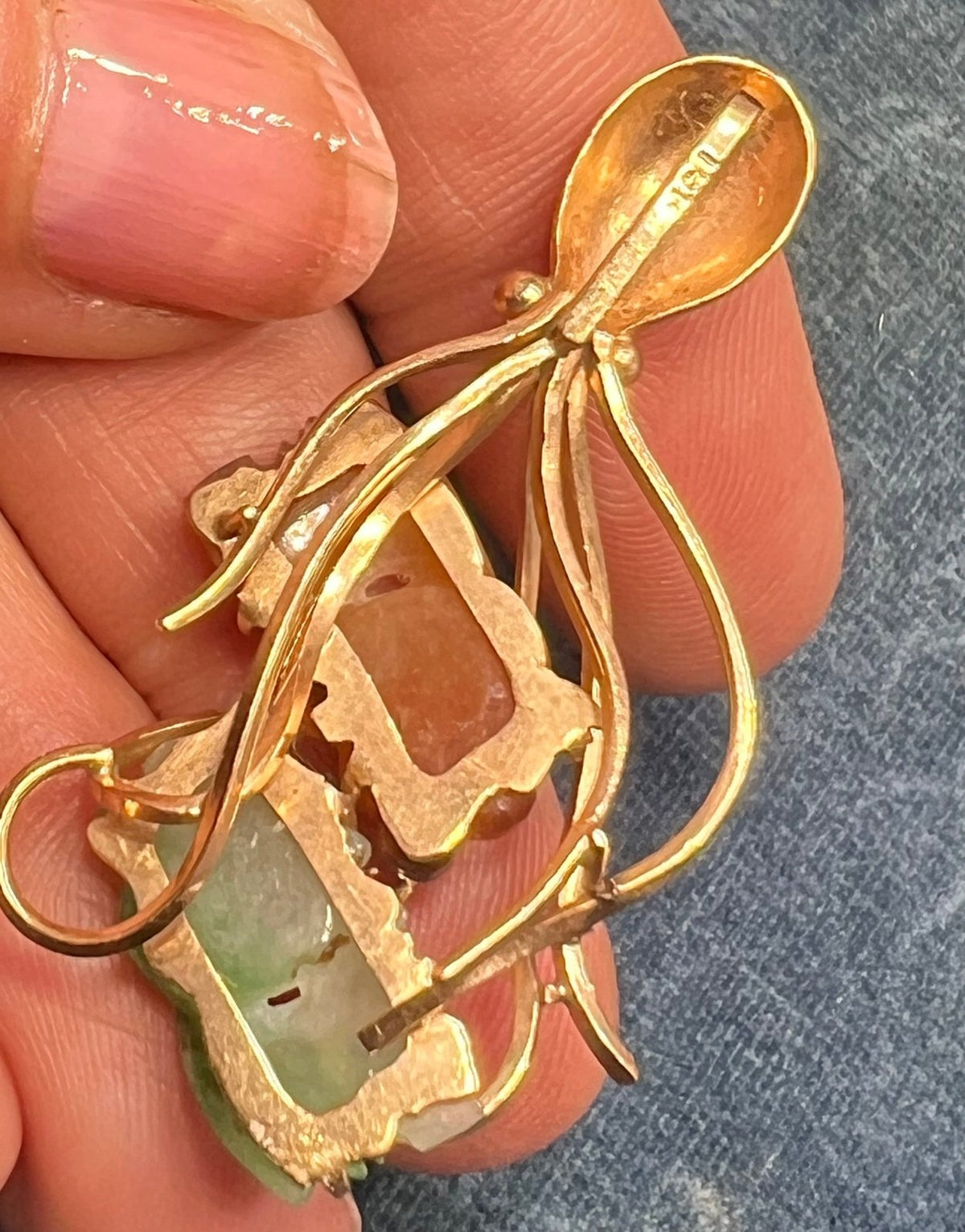 14k Gold OCTOPUS with Carved Jade KOI Fish Pendant. 2"