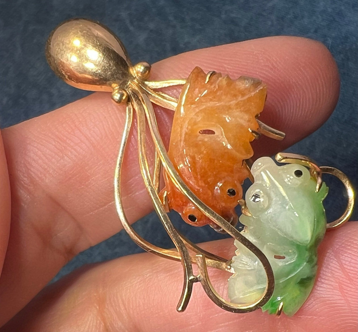 14k Gold OCTOPUS with Carved Jade KOI Fish Pendant. 2"