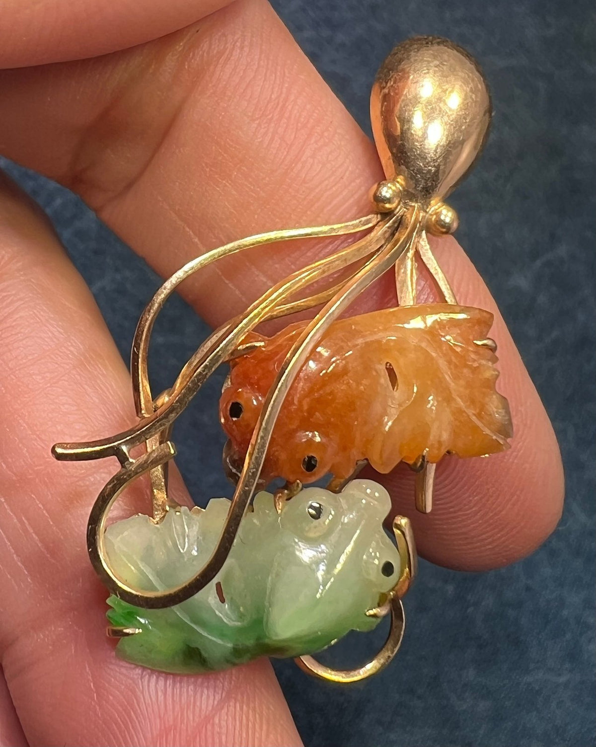 14k Gold OCTOPUS with Carved Jade KOI Fish Pendant. 2"