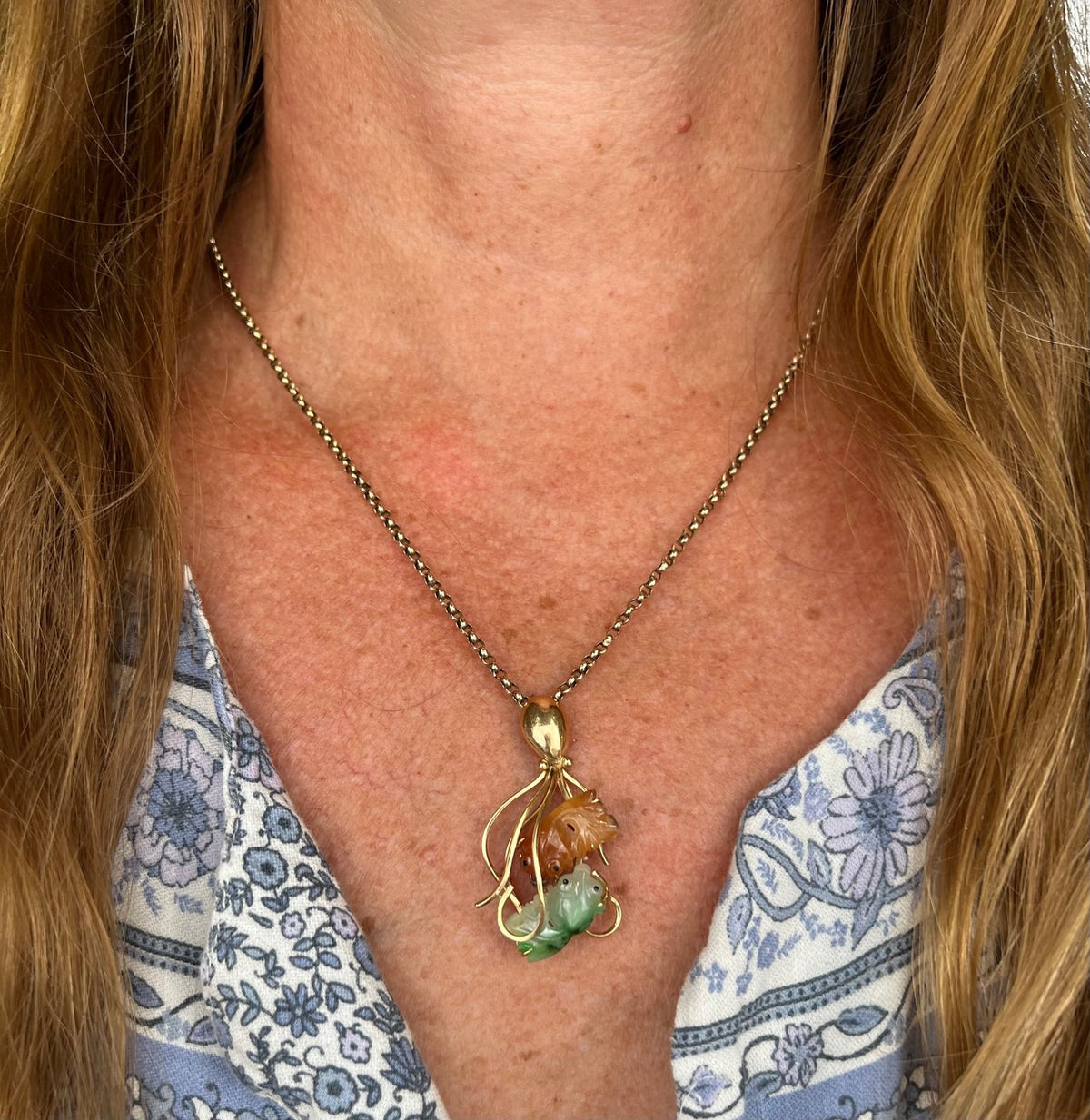 14k Gold OCTOPUS with Carved Jade KOI Fish Pendant. 2"