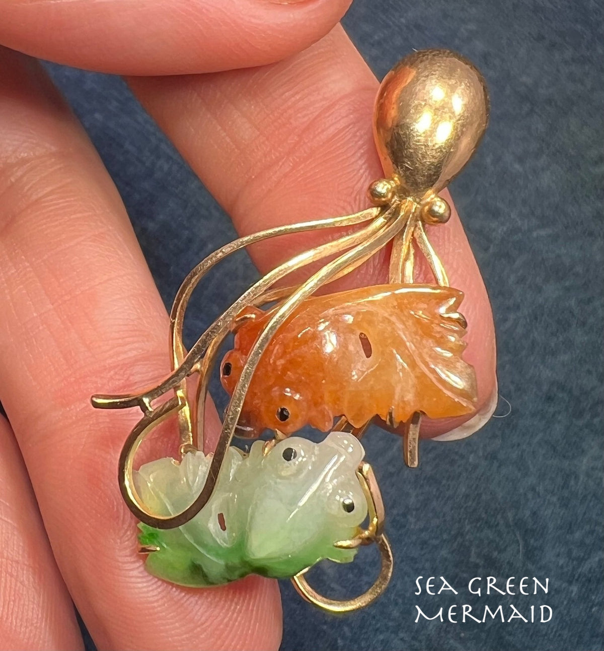 14k Gold OCTOPUS with Carved Jade KOI Fish Pendant. 2"