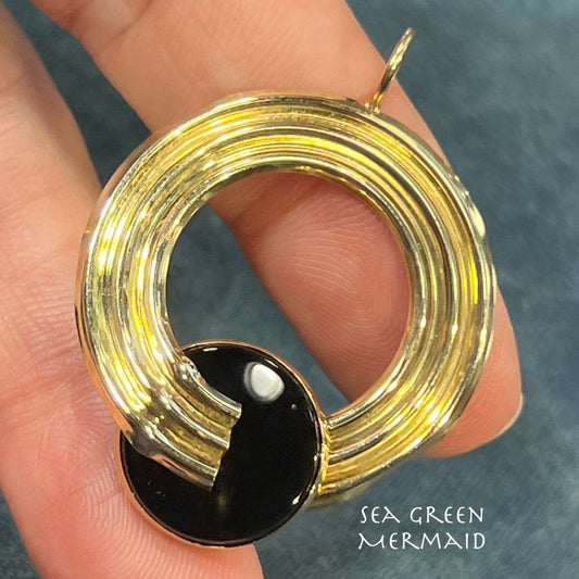 14k Gold ORBIT Moon Planet Black Onyx MCM Pendant. 1.5"