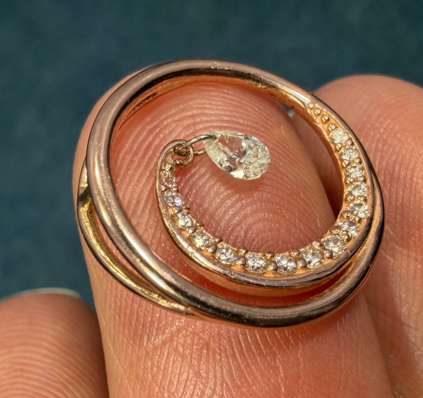 14k Gold Ocean Wave Circle Pendant w Dangling Teardrop Diamond