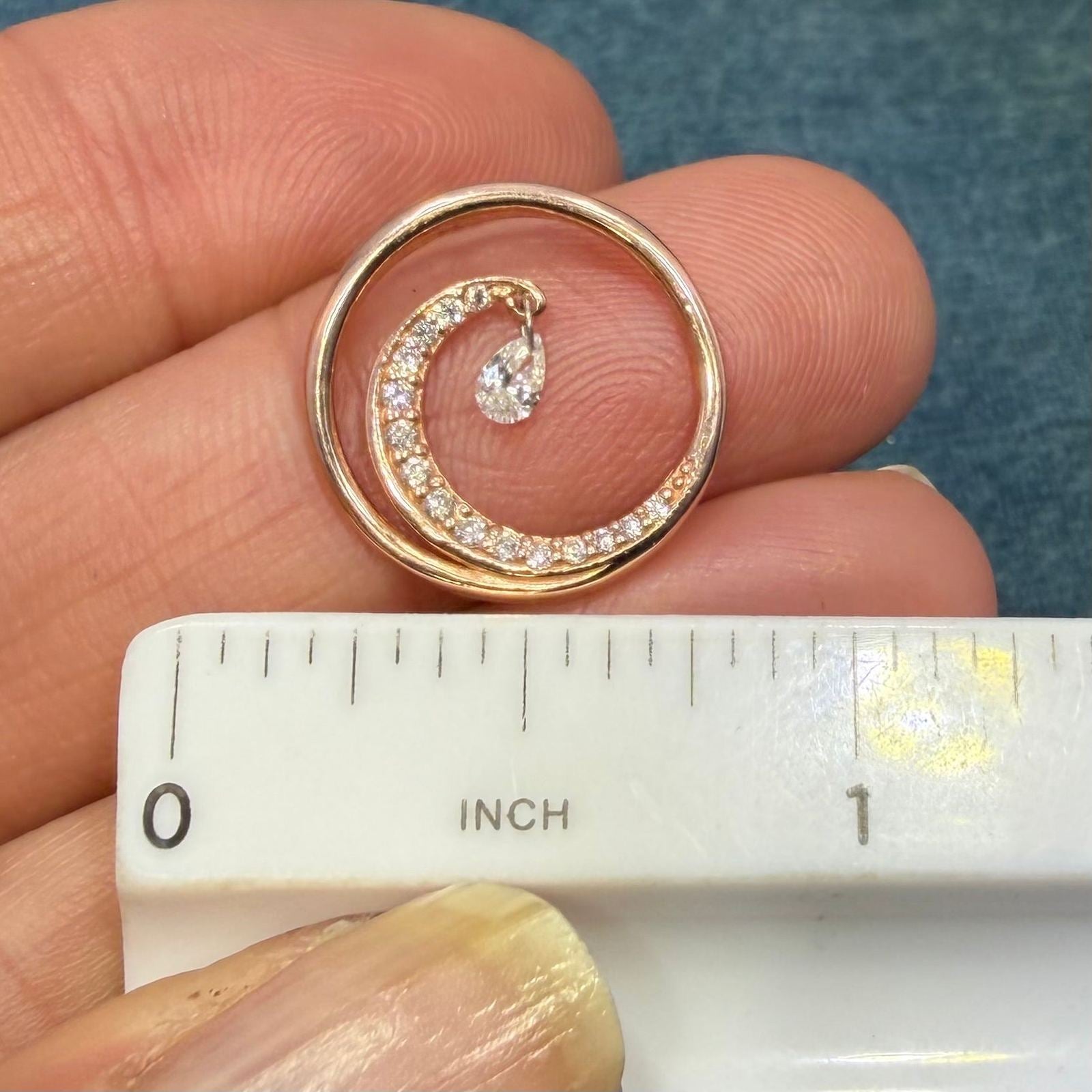 14k Gold Ocean Wave Circle Pendant w Dangling Teardrop Diamond