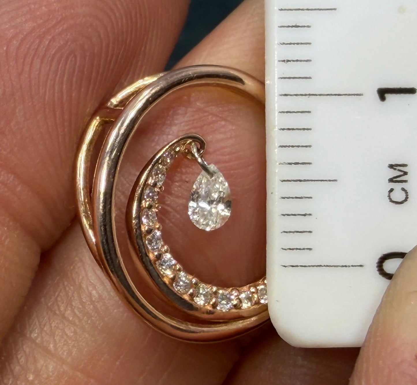 14k Gold Ocean Wave Circle Pendant w Dangling Teardrop Diamond