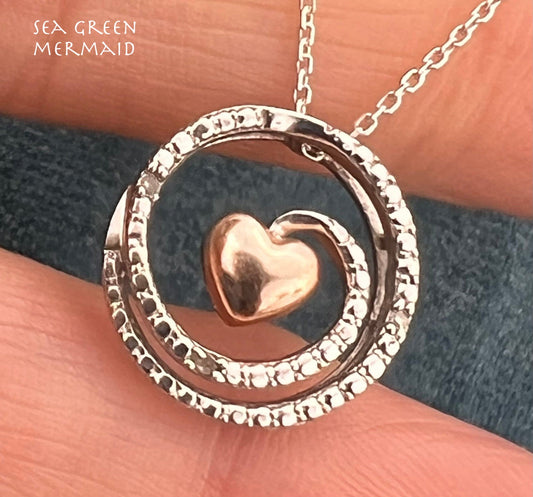 14k Gold Ocean Wave Circle Pendant w Dangling Teardrop Diamond