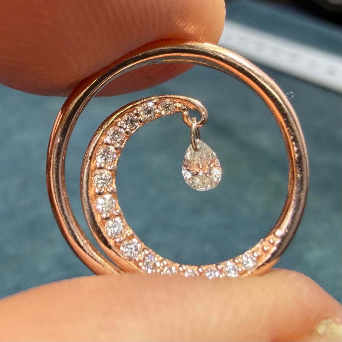 14k Gold Ocean Wave Circle Pendant w Dangling Teardrop Diamond