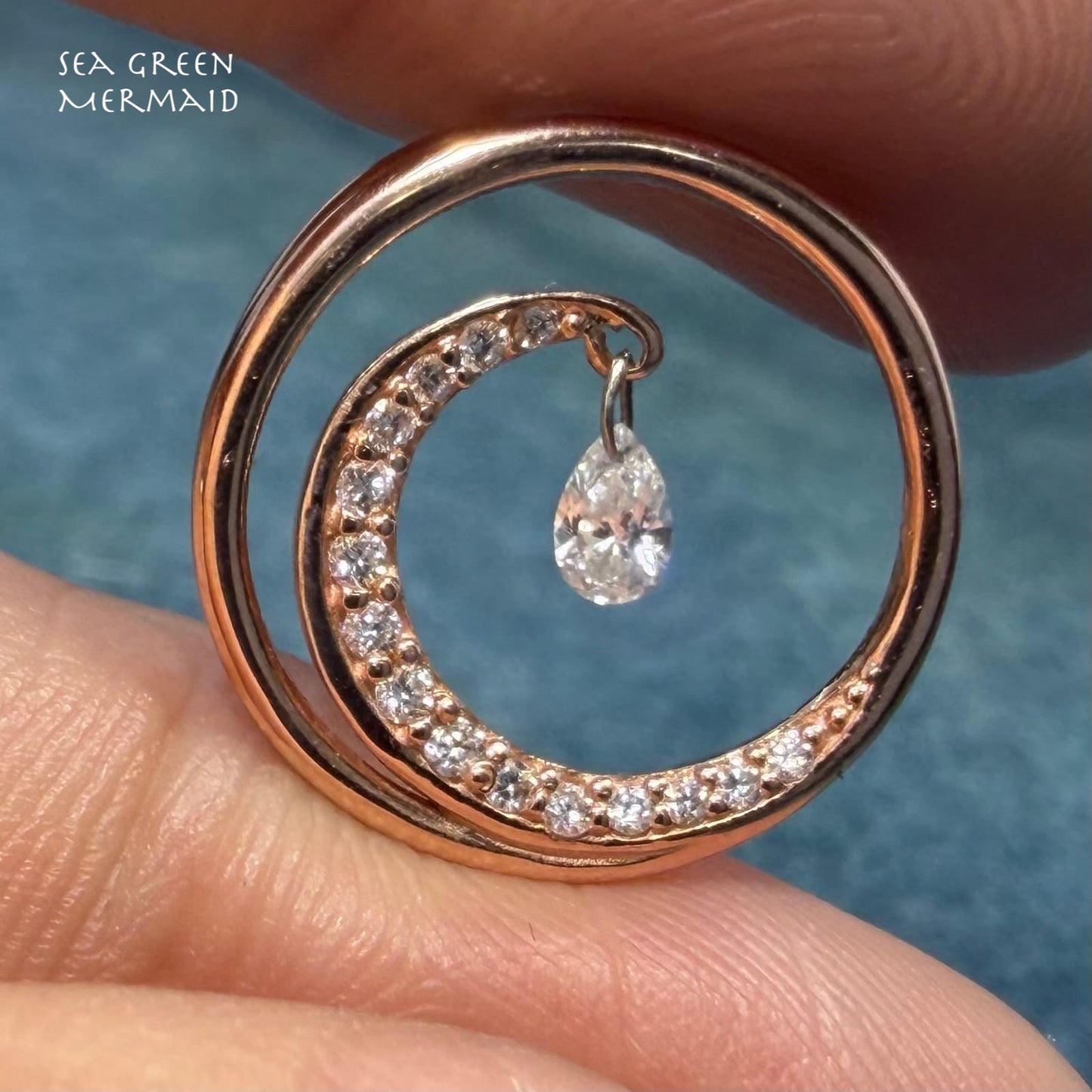 14k Gold Ocean Wave Circle Pendant w Dangling Teardrop Diamond