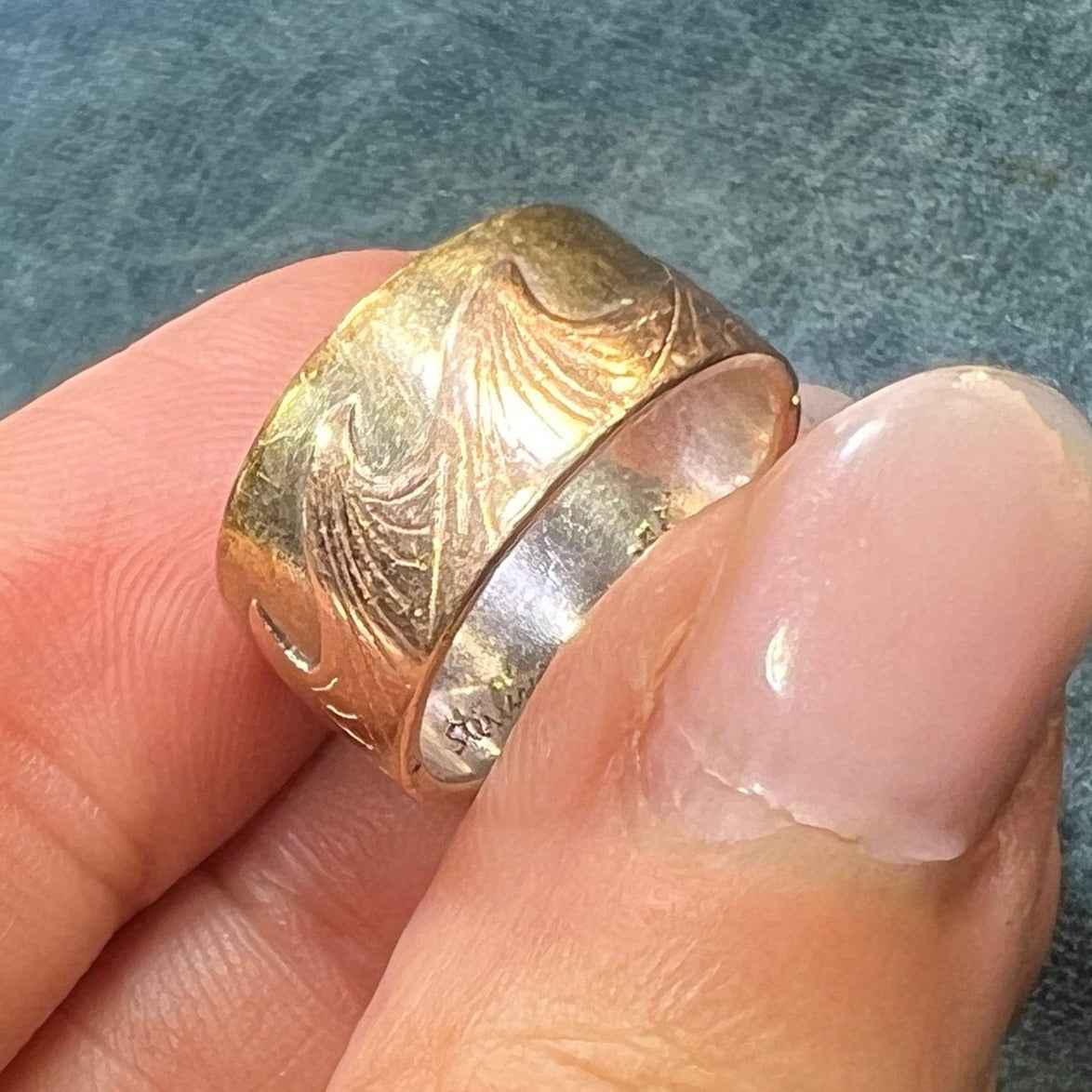 14k Gold Ocean Waves on 925 Eternity Ring. Wide Cigar Band **Video*