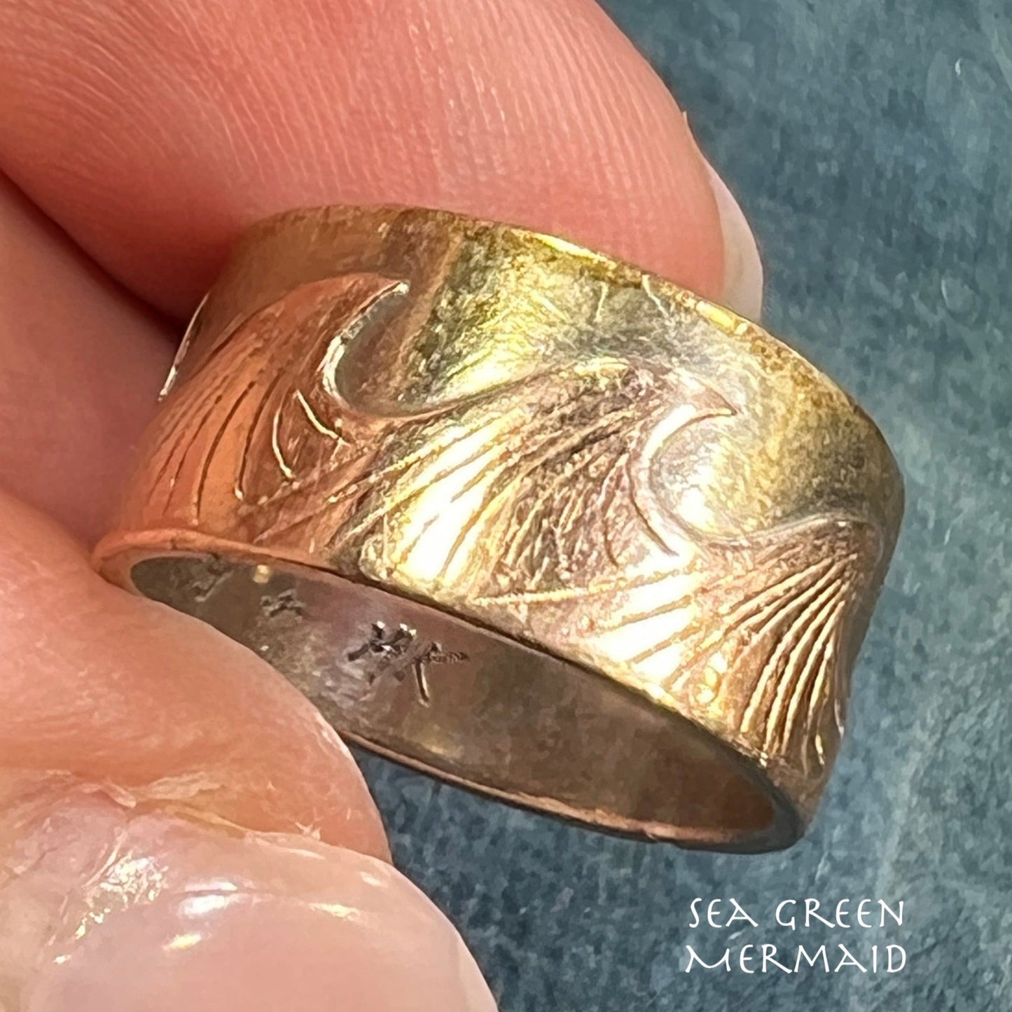 14k Gold Ocean Waves on 925 Eternity Ring. Wide Cigar Band **Video*