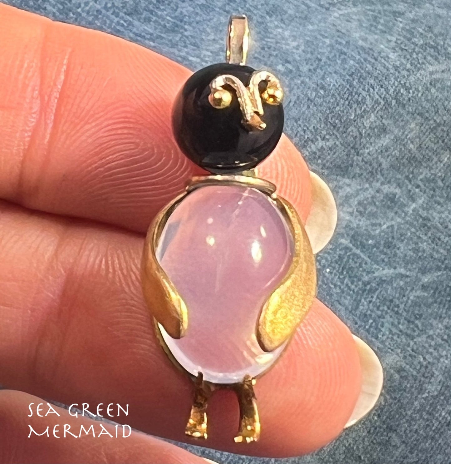 14k Gold Onyx + Crystal Cabochon Jelly Belly PENGUIN Bird Pendant