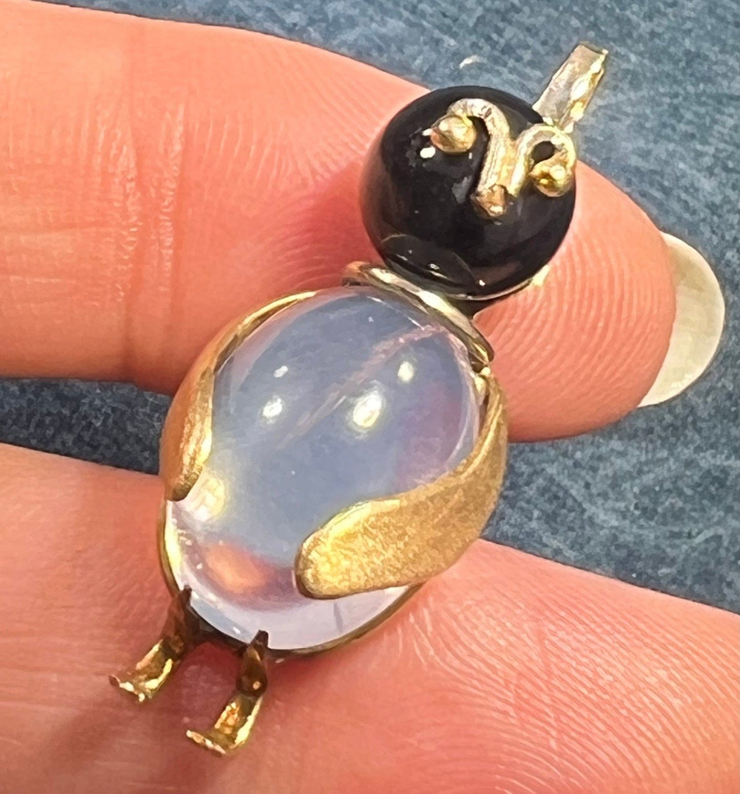 14k Gold Onyx + Crystal Cabochon Jelly Belly PENGUIN Bird Pendant