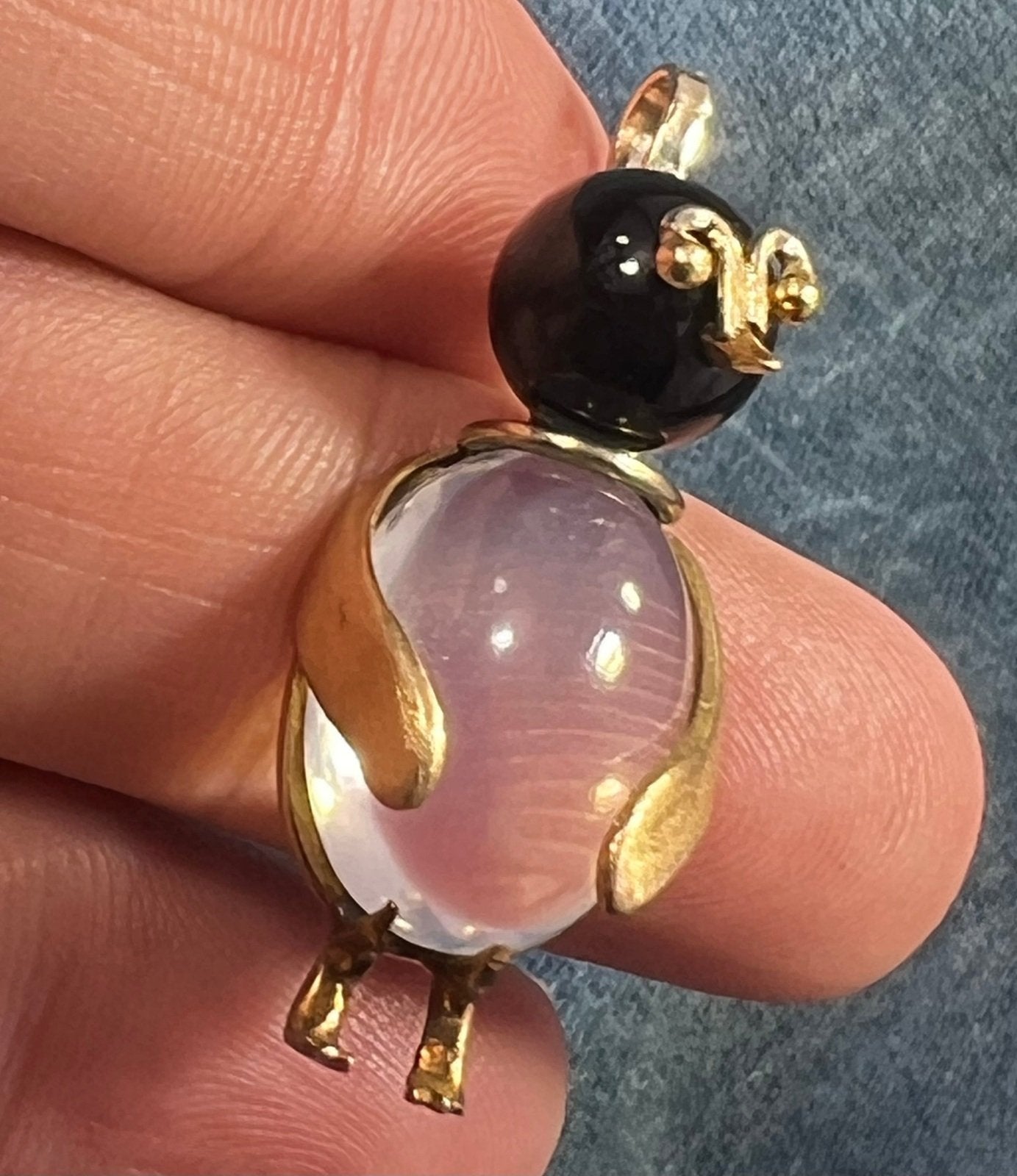 14k Gold Onyx + Crystal Cabochon Jelly Belly PENGUIN Bird Pendant
