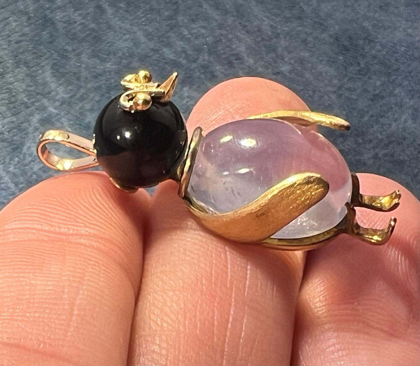 14k Gold Onyx + Crystal Cabochon Jelly Belly PENGUIN Bird Pendant
