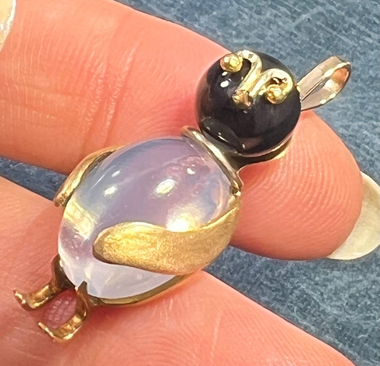 14k Gold Onyx + Crystal Cabochon Jelly Belly PENGUIN Bird Pendant