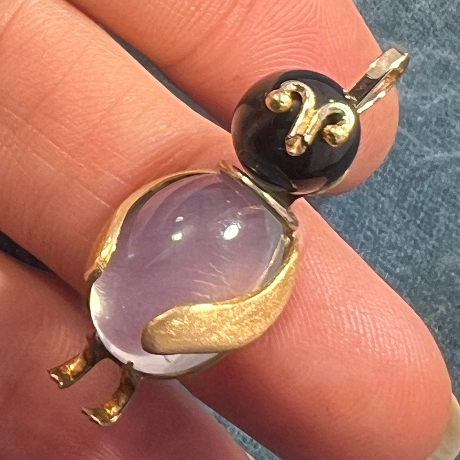 14k Gold Onyx + Crystal Cabochon Jelly Belly PENGUIN Bird Pendant