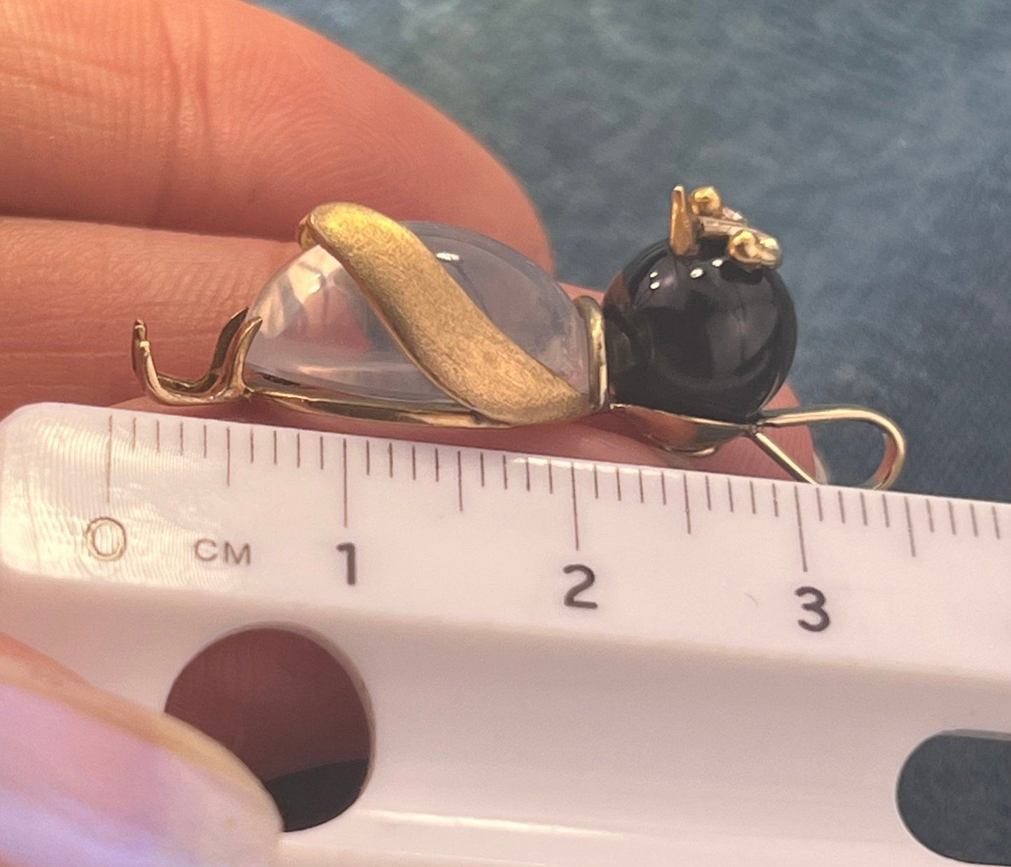 14k Gold Onyx + Crystal Cabochon Jelly Belly PENGUIN Bird Pendant