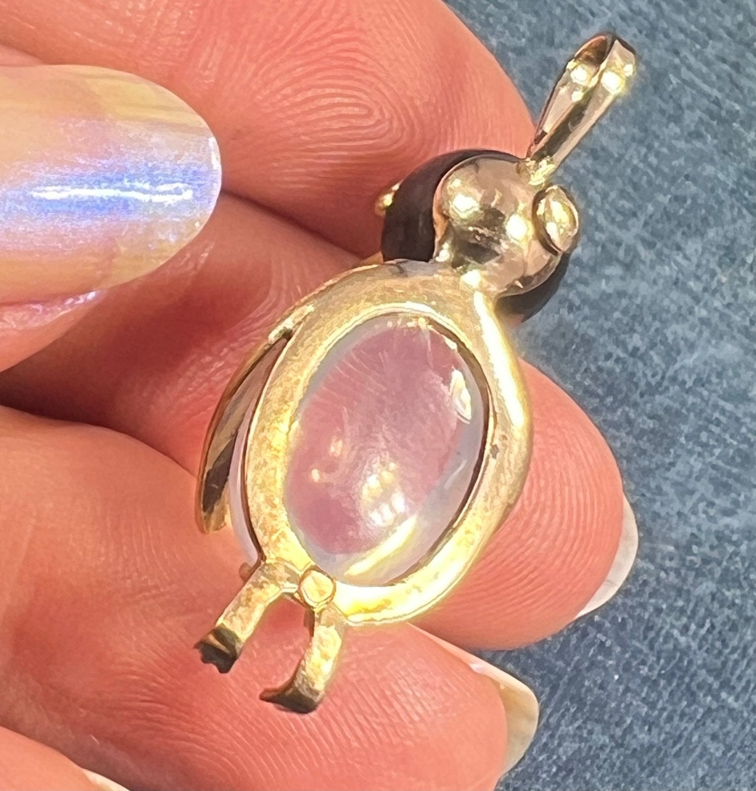 14k Gold Onyx + Crystal Cabochon Jelly Belly PENGUIN Bird Pendant